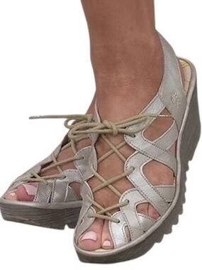 Fly London Yapi Metallic Silver Lace-Up Wedge Sandals